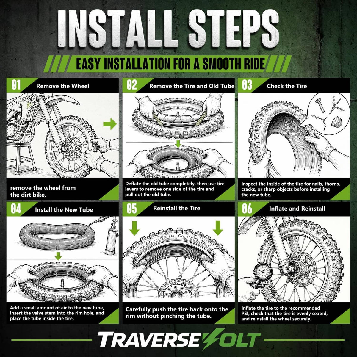 Step-by-step installation diagram for dirt bike inner tube on the wheel
