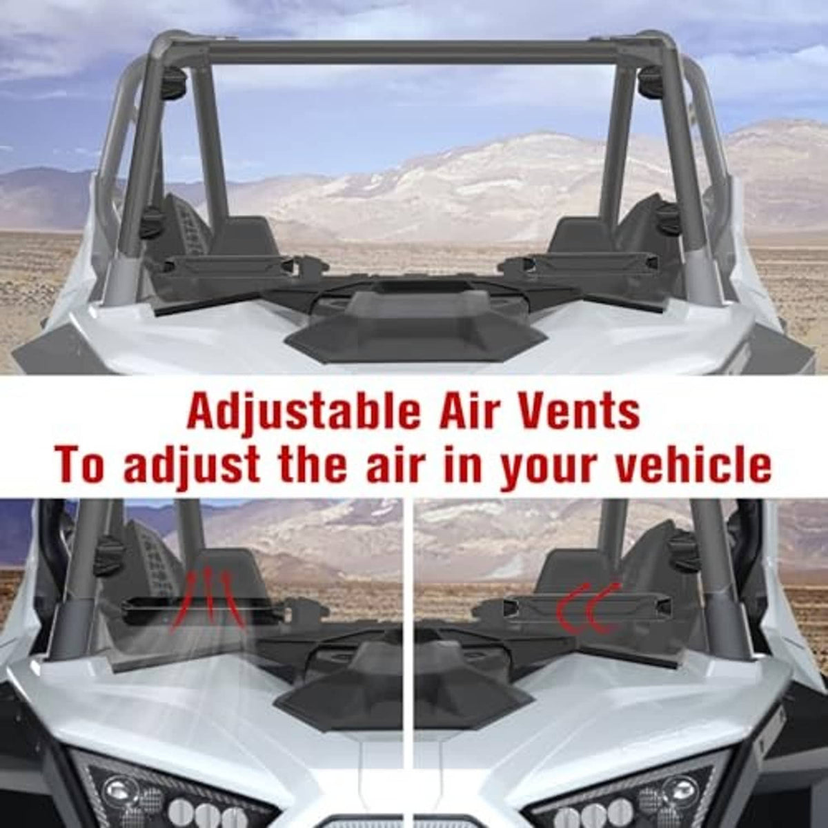 Vented clear windshield installed on white side-by-side vehicle with black roof mounts