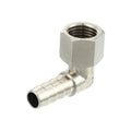 90-degree metal hose adapter fitting with external threads and barbed hose end