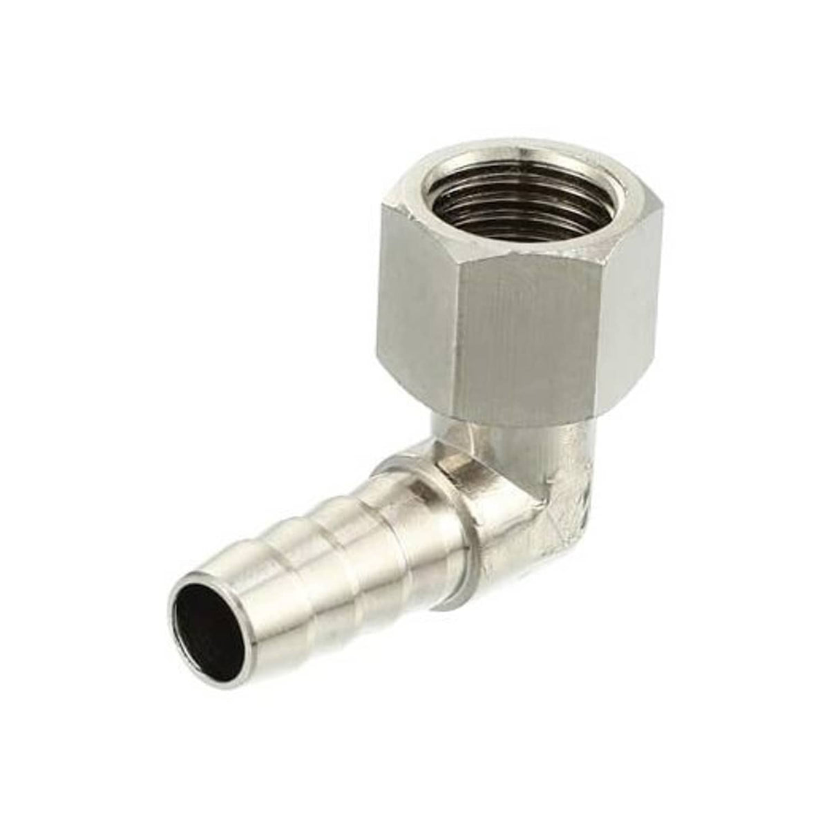 90-degree metal hose adapter fitting with external threads and barbed hose end