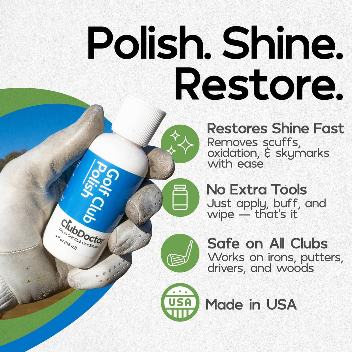 Golf club polish bottle held in a white glove, blue-and-white label.