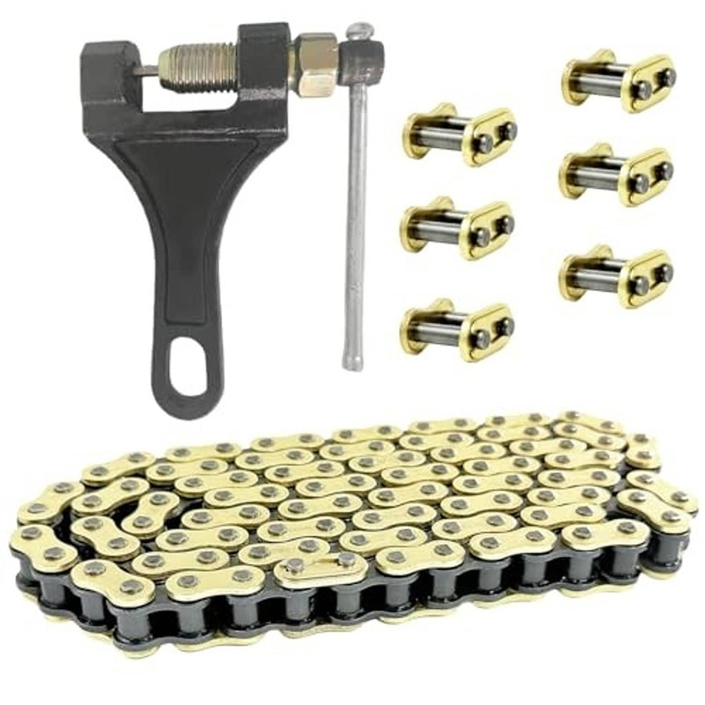 428 roller chain breaker tool with gold roller chain and several replacement links