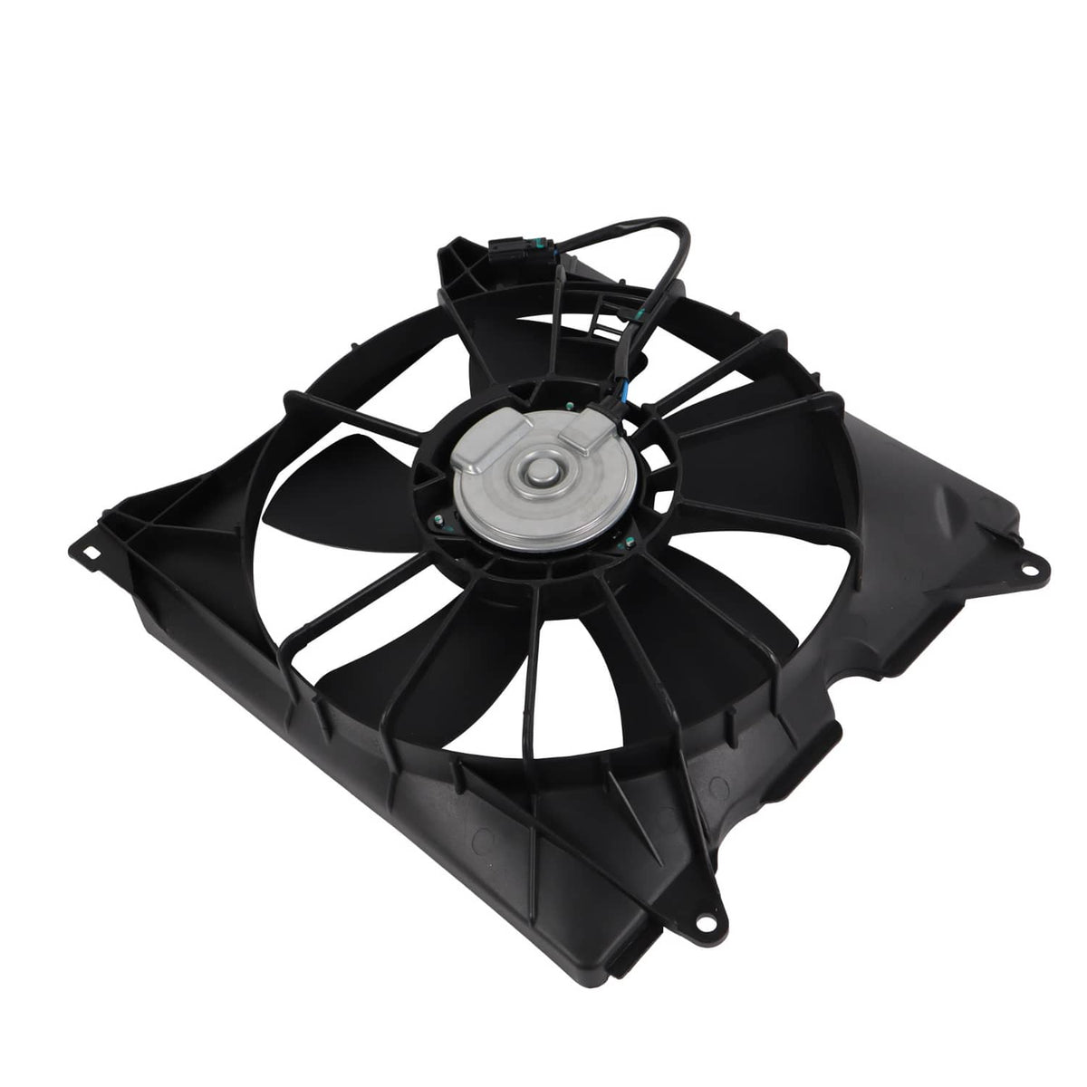 Driver-side radiator cooling fan assembly with black plastic shroud and electric motor