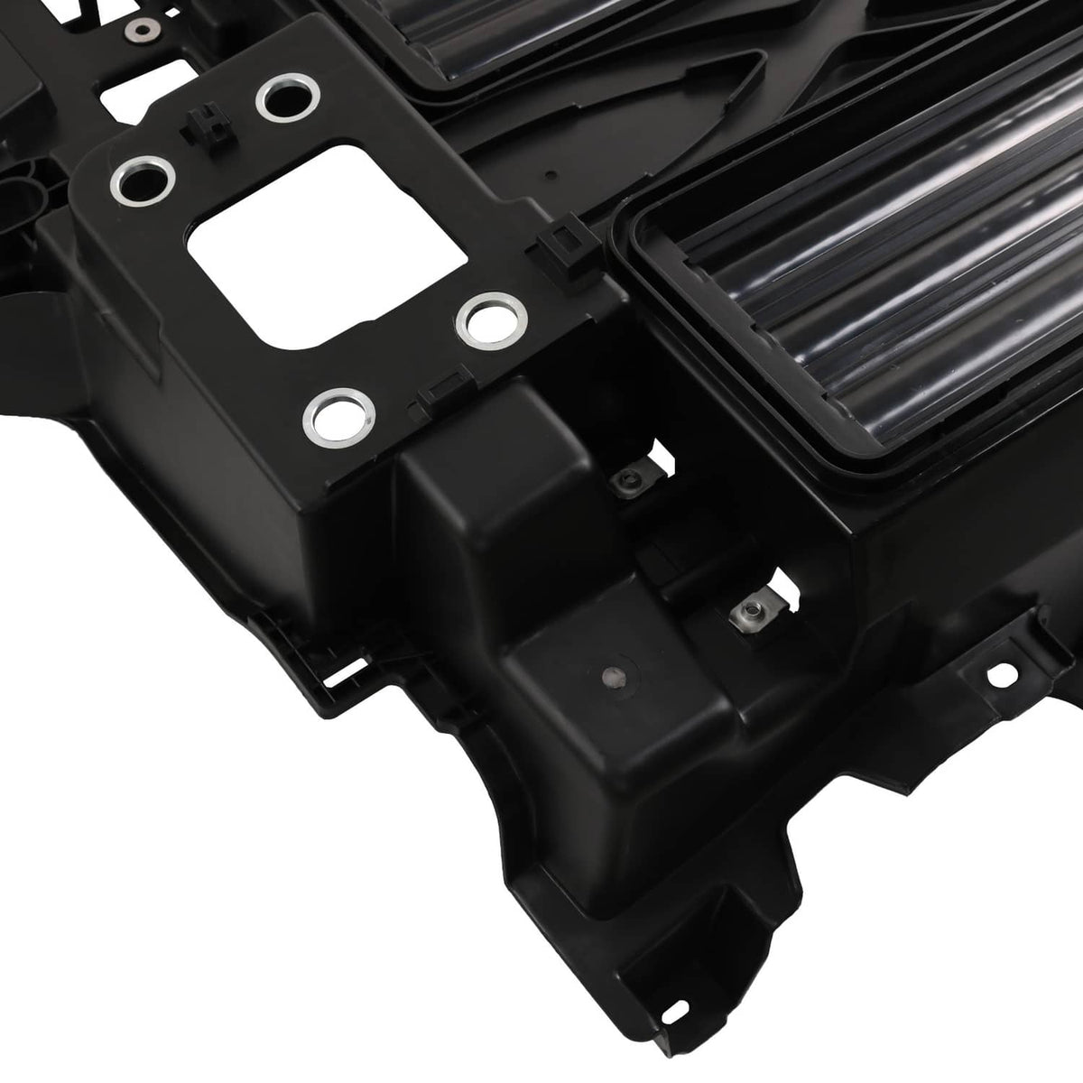 Black active grille shutter motor assembly with mounting tabs and rectangular sensor opening
