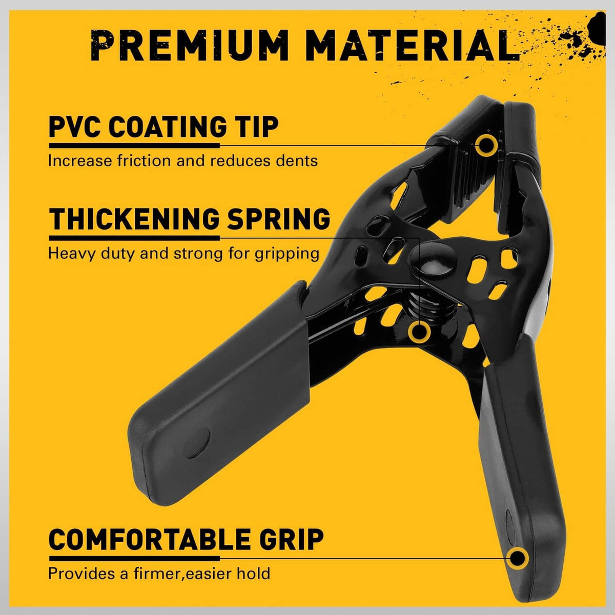 Black spring clamp with thick steel spring and comfortable grip, hinged clamping jaws