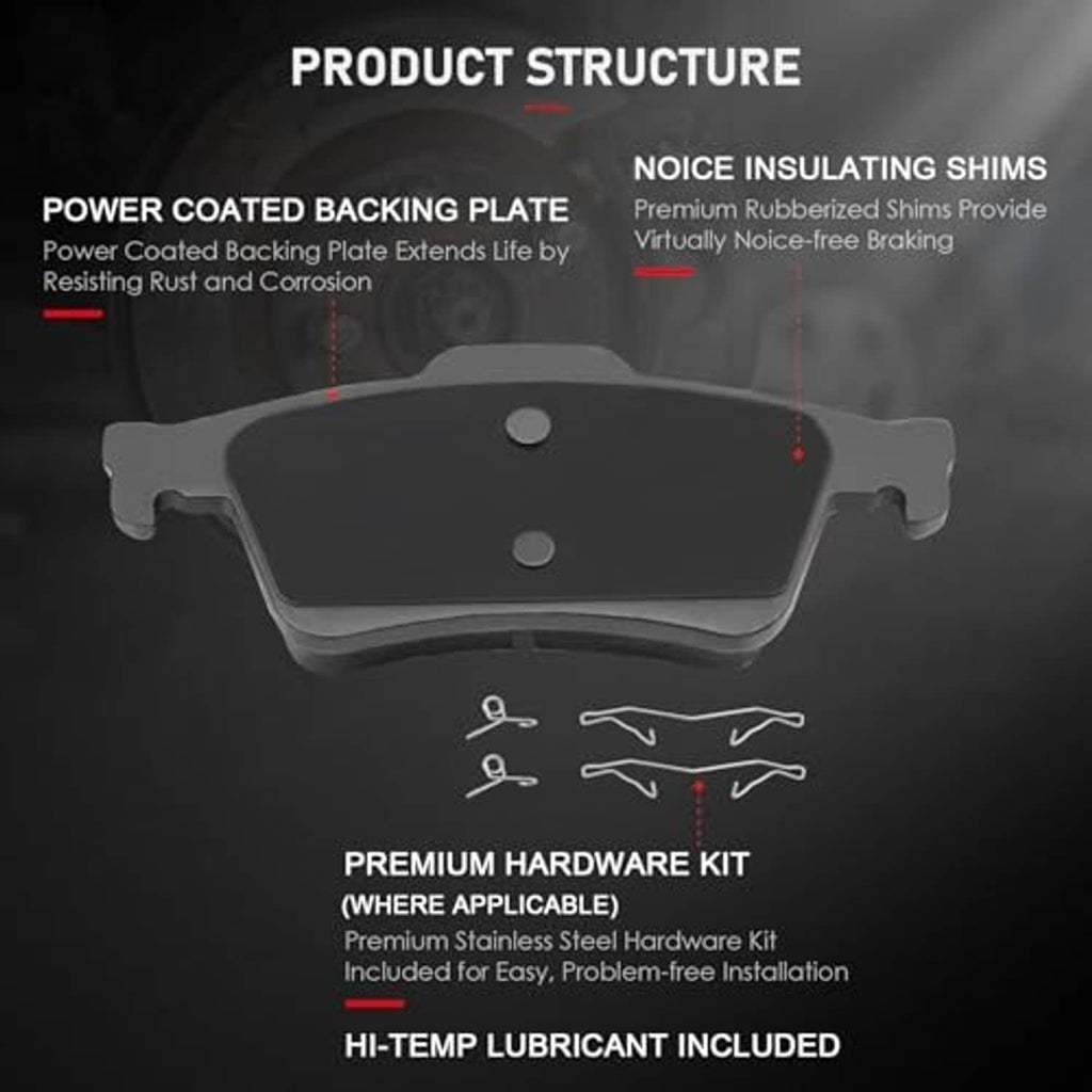 Ceramic brake pads kit with backing plate, noise shims, and premium hardware set