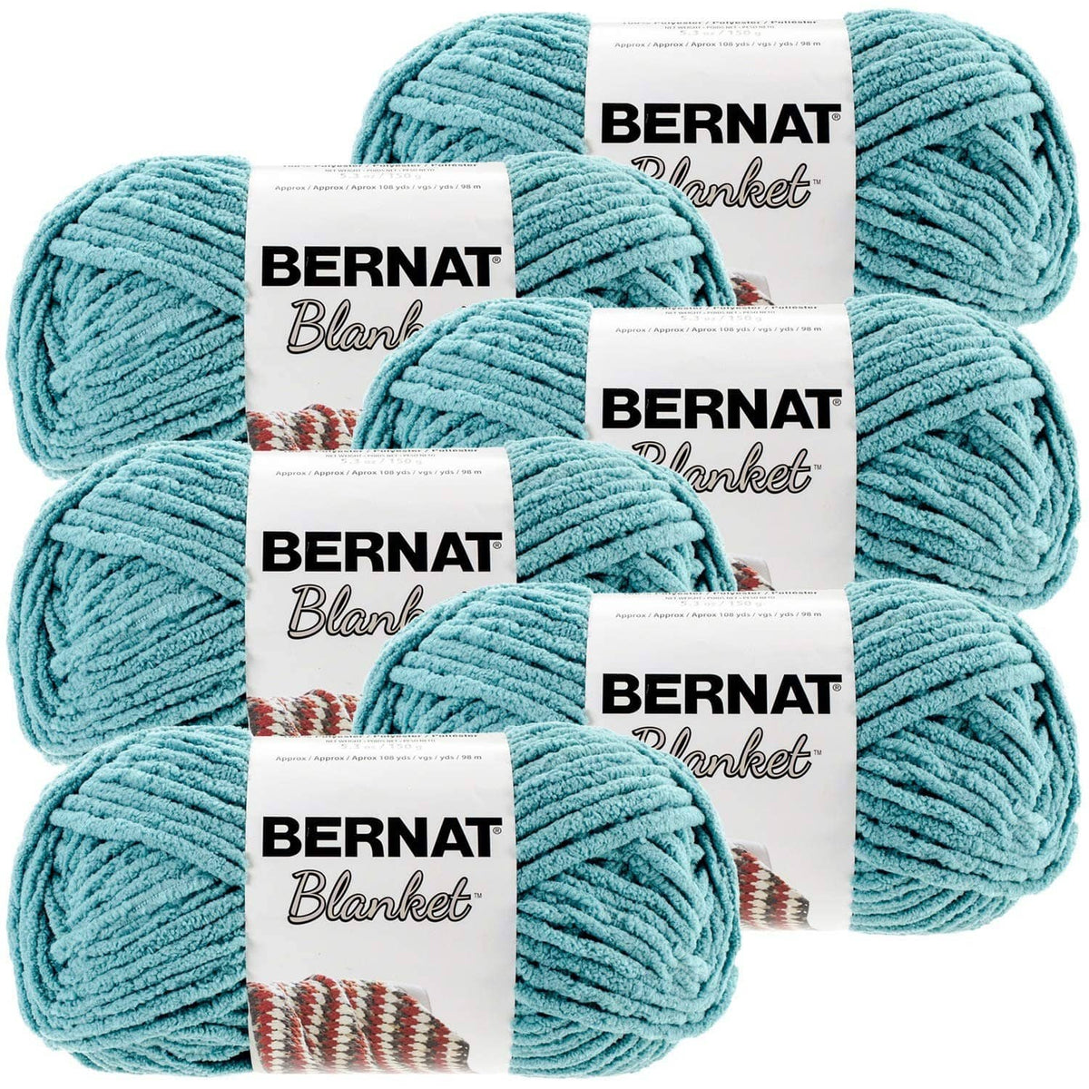 Light teal textured yarn skeins in 6-pack with Bernat Blanket labels