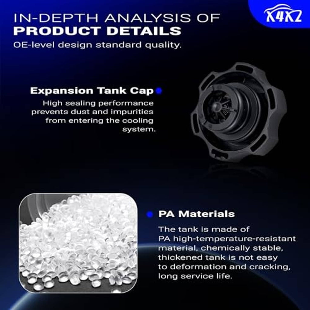 Expansion tank cap and product details graphic for engine coolant reservoir