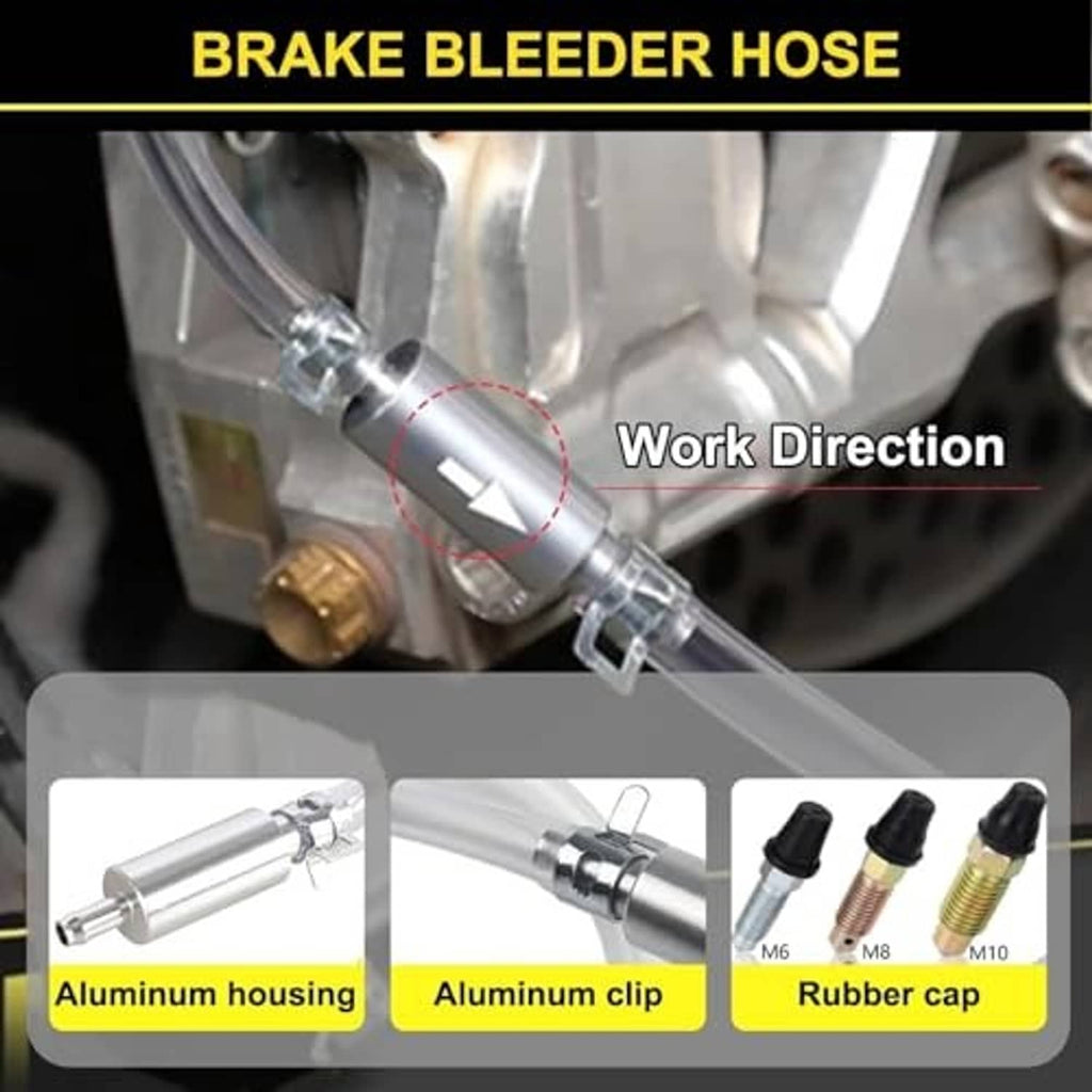 Brake bleeder hose kit parts: aluminum housing and clip with clear hose and rubber caps