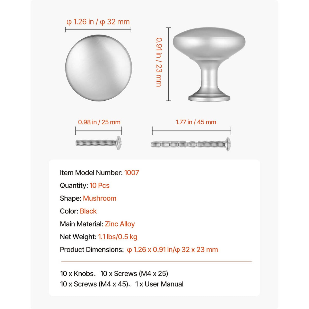 Mushroom cabinet knob set with included mounting screws, brushed zinc alloy finish