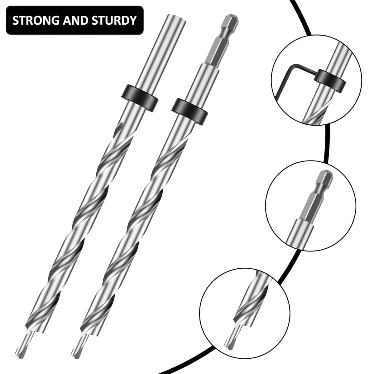 Pocket hole drill bits with depth stop collars, close-up of cutting tips