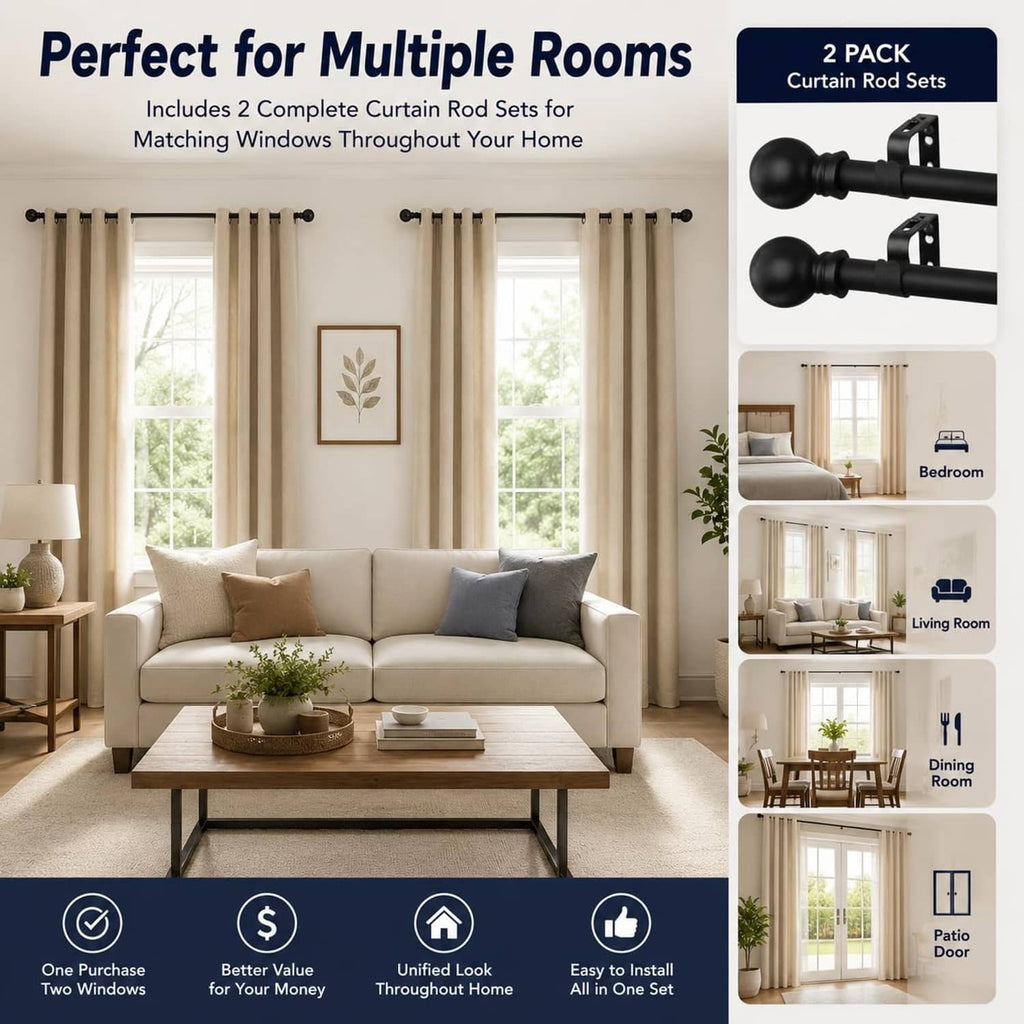 Matte black curtain rods with round finials mounted on wall supports, 2-pack
