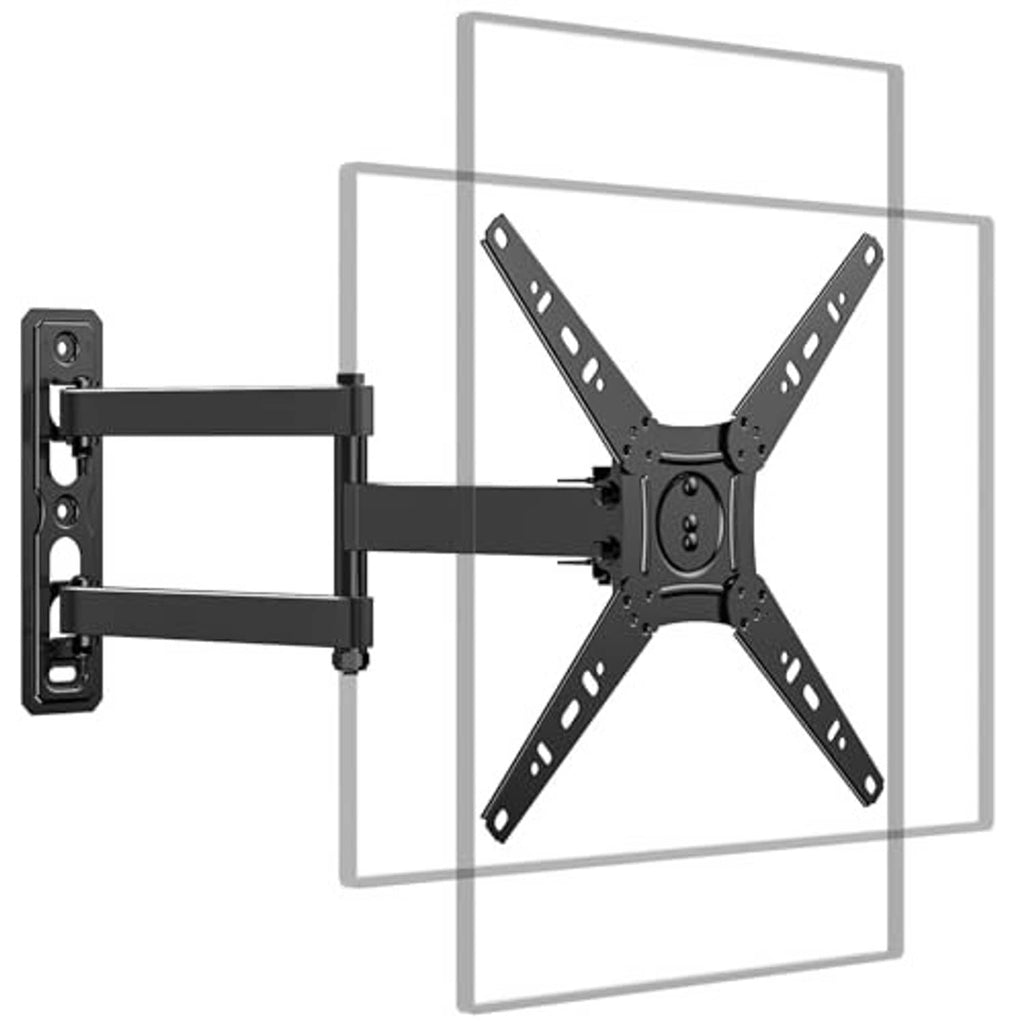 Black full-motion TV wall mount with extended horizontal arms and cross VESA plate