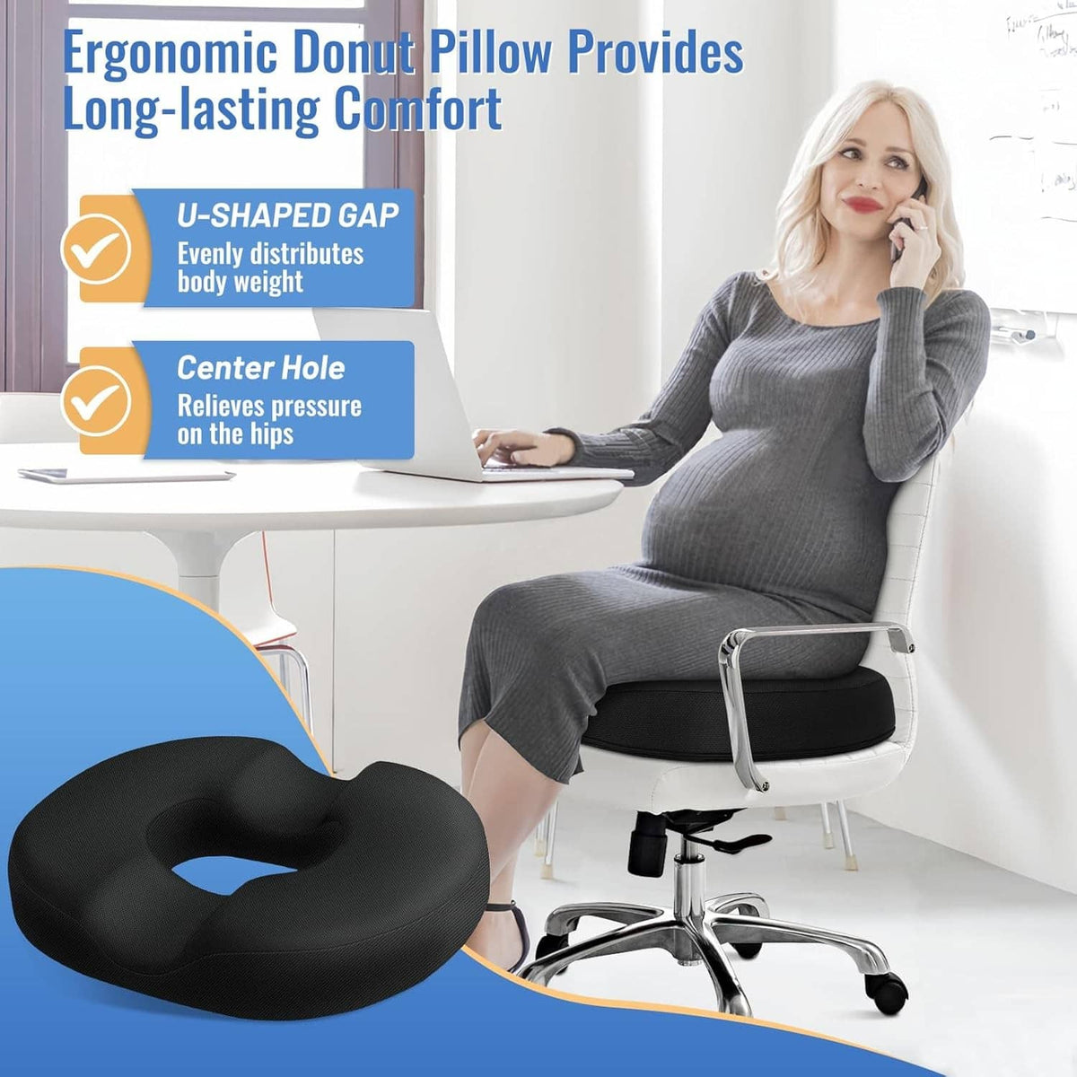 Black U-shaped donut seat cushion pillow with center hole for added comfort