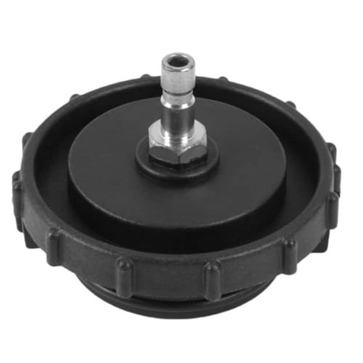 Brake bleeder adapter, black circular housing with threaded metal connector on top