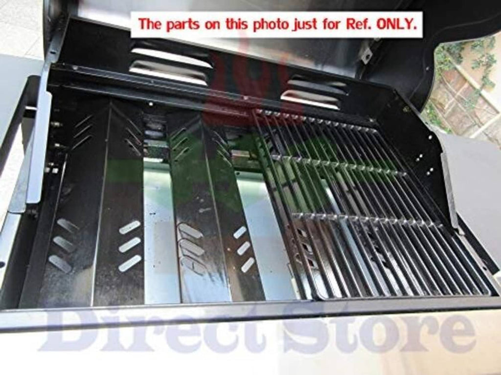 Gas grill firebox with stainless burner tubes and metal heat plates