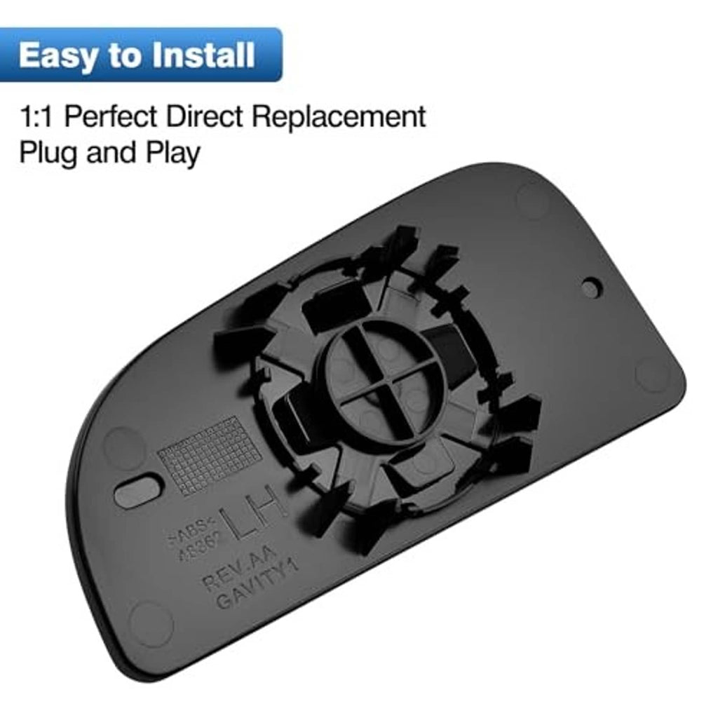 Driver-side lower mirror glass backing plate with mounting tabs and circular center