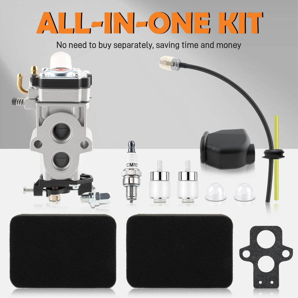 Carburetor kit with foam air filters, spark plug, gasket, and fuel hose