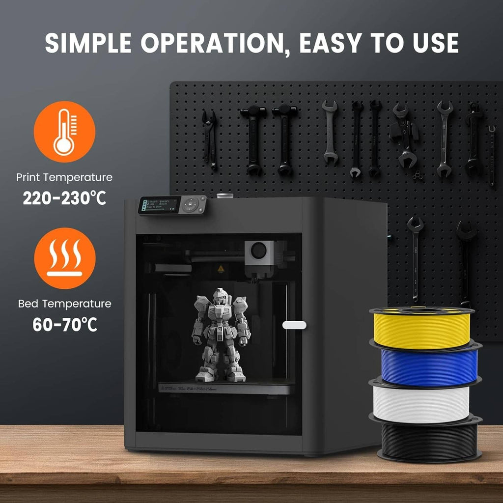 PETG filament on stacked reels beside a 3D printer with temperature settings icons