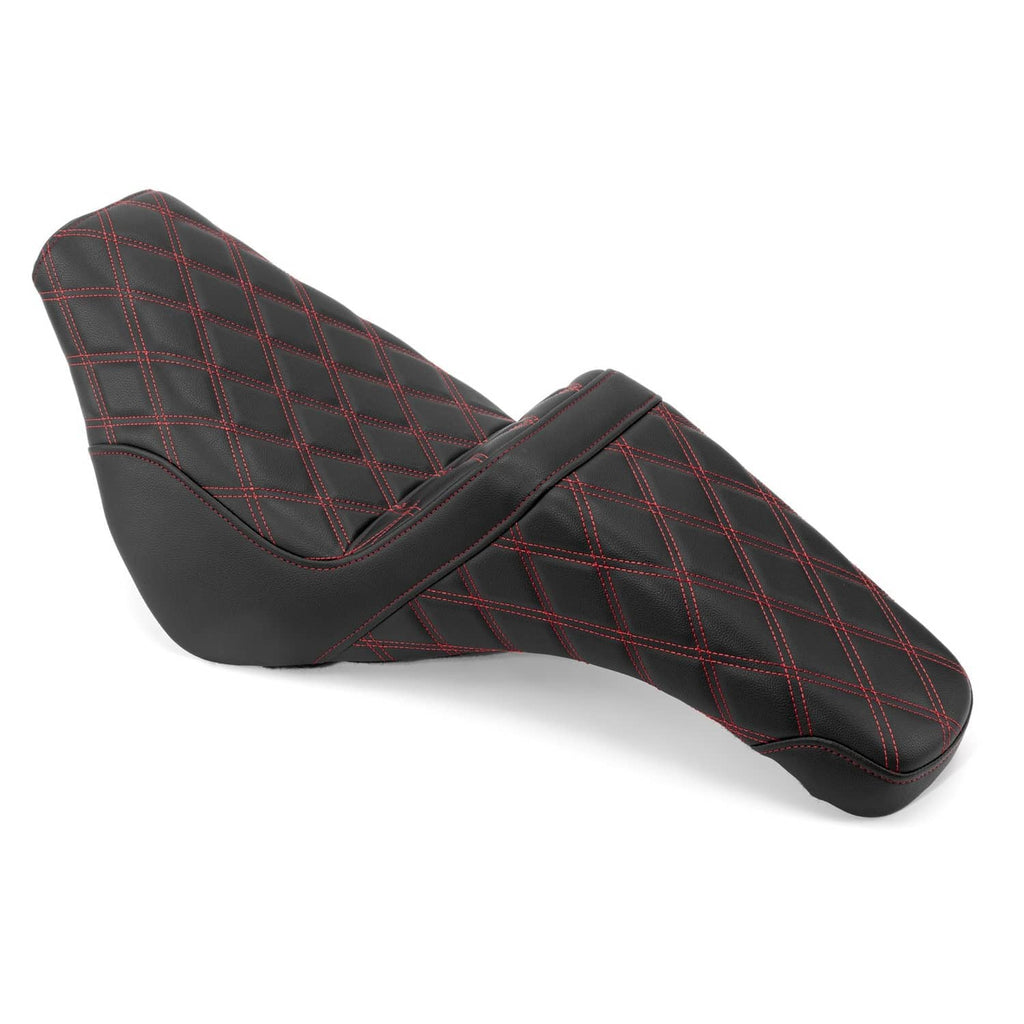 Motorcycle seat with contoured back and diamond quilting, red stitching, black