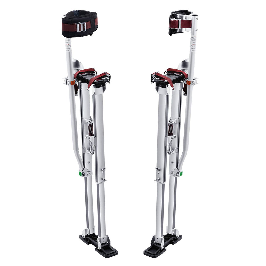 Front view of adjustable drywall stilts with knee pads and black rubber foot bases