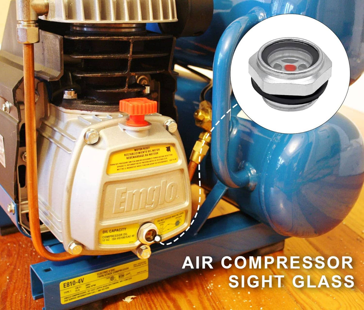 Air compressor oil sight glass sighting gauge with red indicator on compressor system