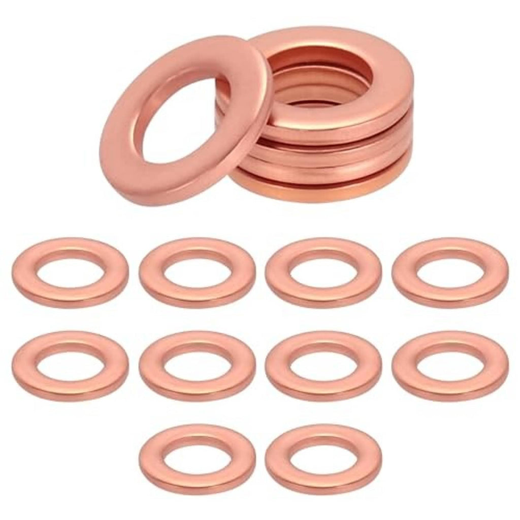 Stack of copper oil drain plug gasket washers, flat round washers for metric drains