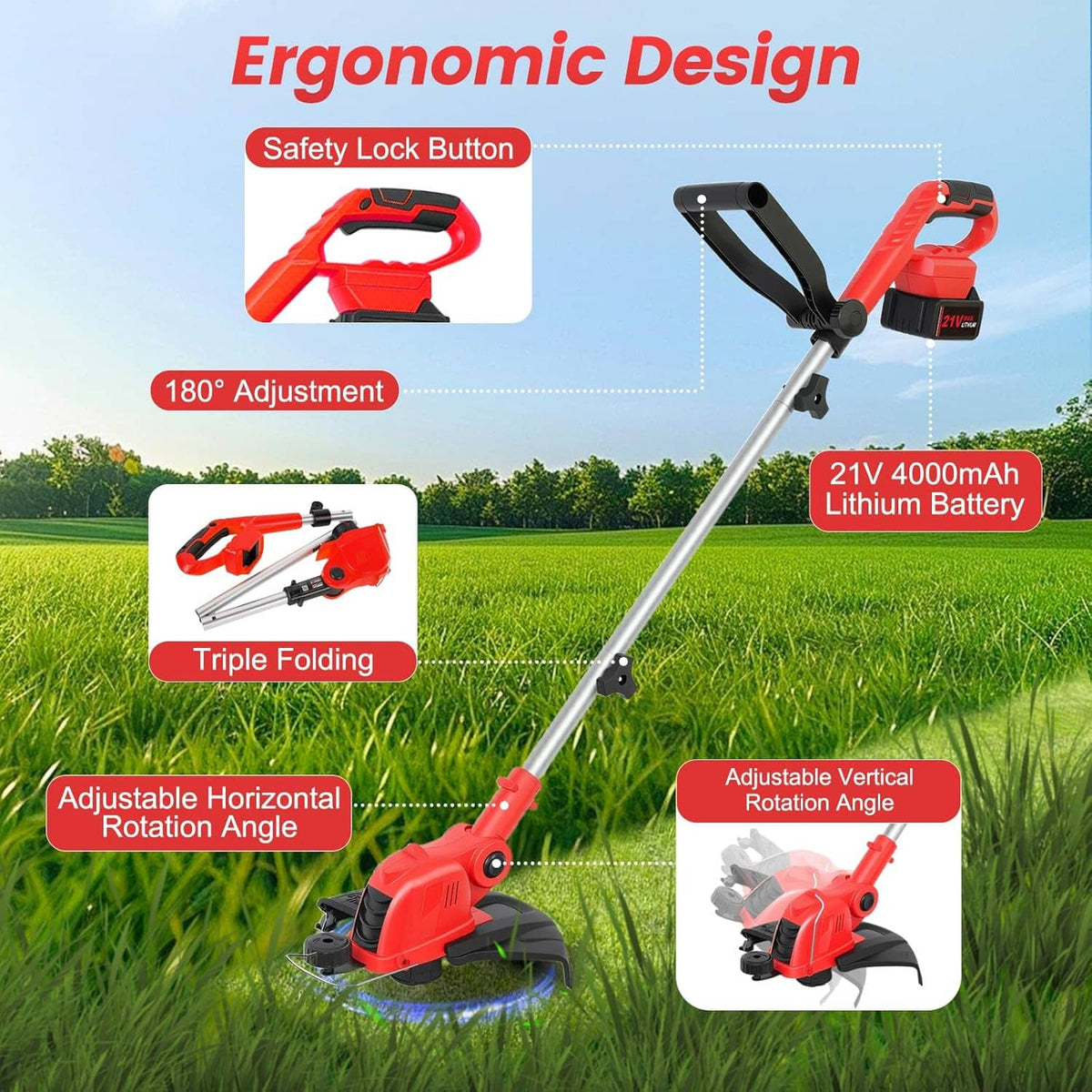 Cordless string trimmer with adjustable head and safety-lock handle, red and black