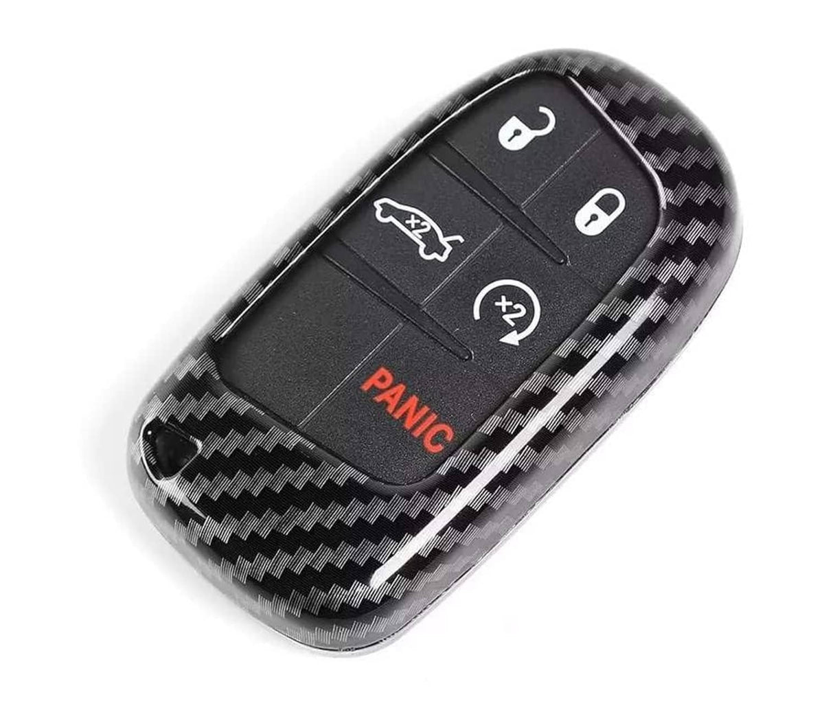 Glossy black carbon fiber key fob shell, top button icons and red Panic label