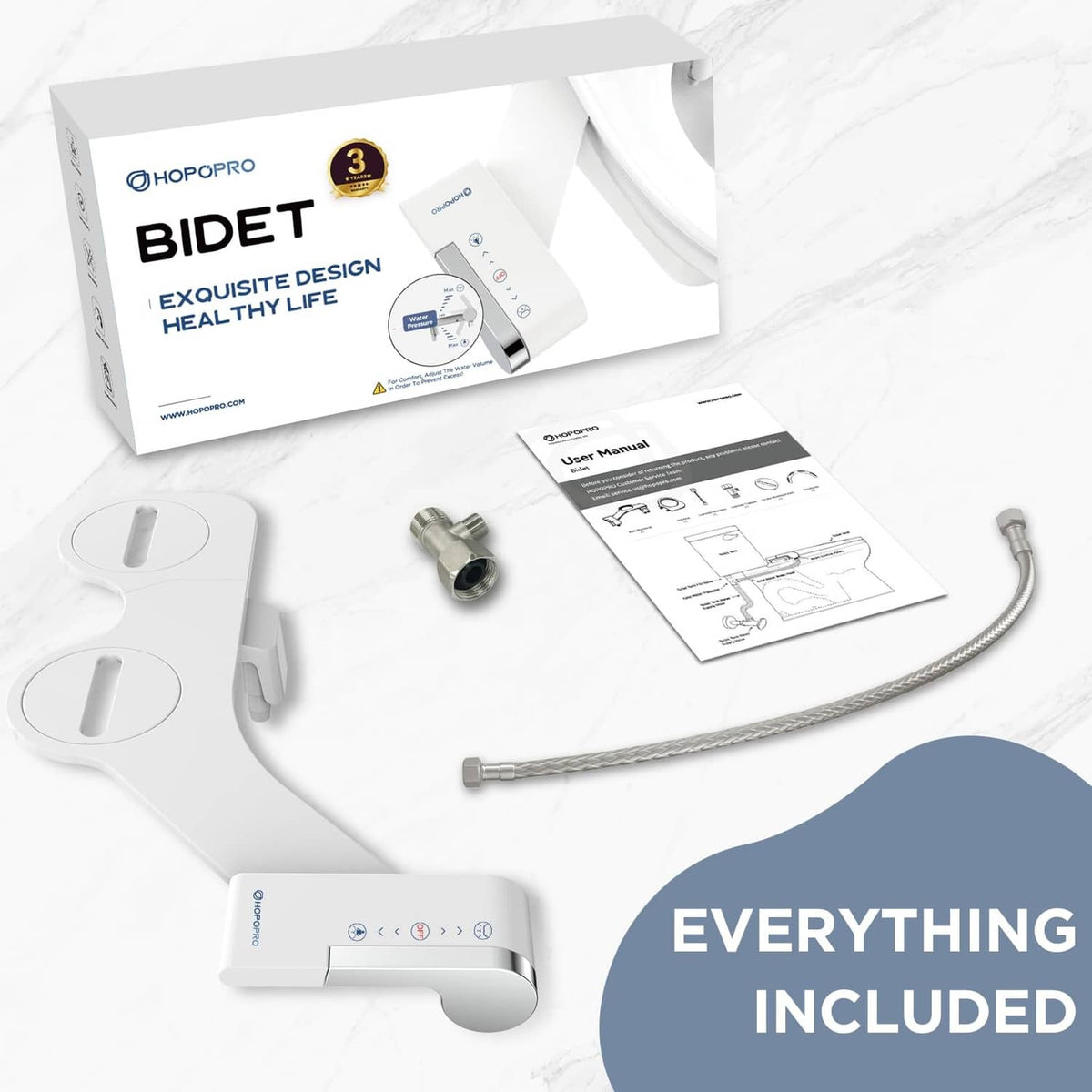 Bidet attachment kit with white bidet unit, hose, and connection T-valve included