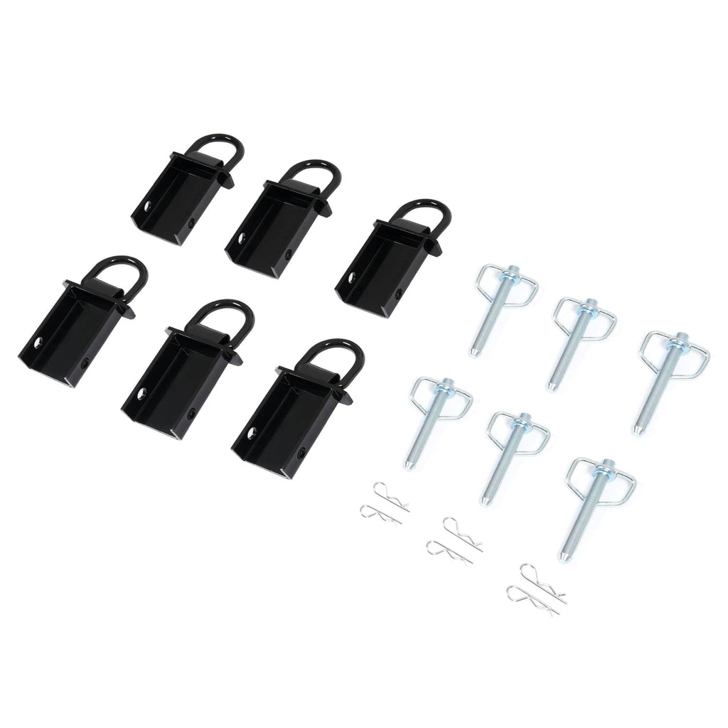 Black stake pocket hardware kit with mounting bolts, pins, and D-rings
