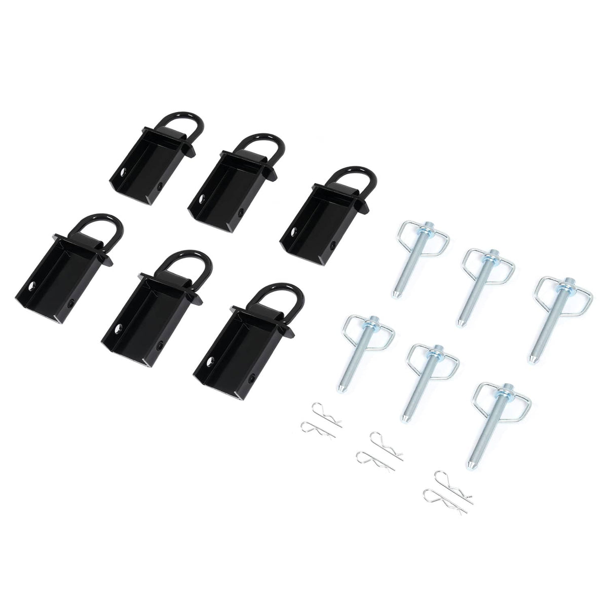 Black stake pocket hardware kit with mounting bolts, pins, and D-rings