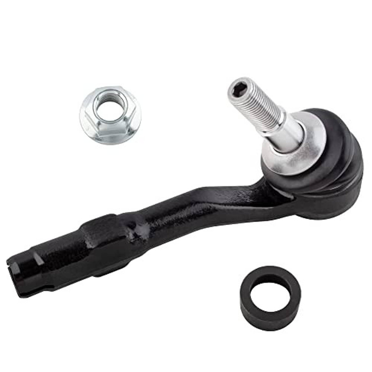 Front tie rod end angled view, black bar with rubber boot, silver stud, and washer