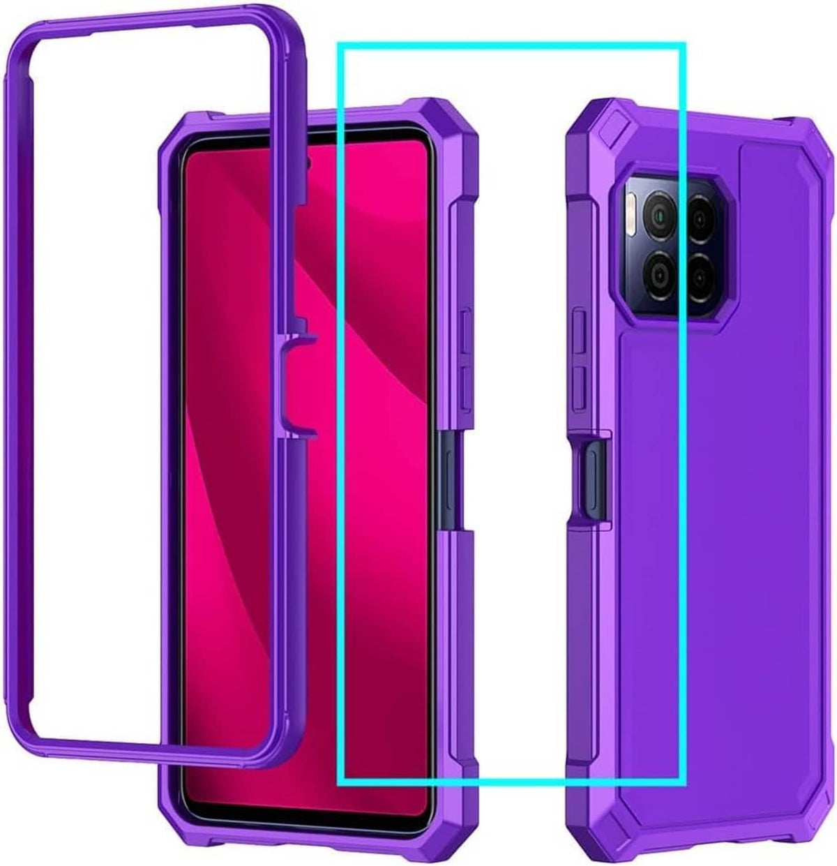 Purple rugged phone case with screen protector, front view and camera side cutouts