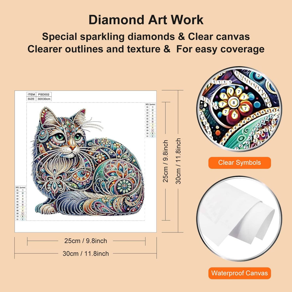 Diamond art cat kit on clear waterproof canvas with size markings for a 12×12 design