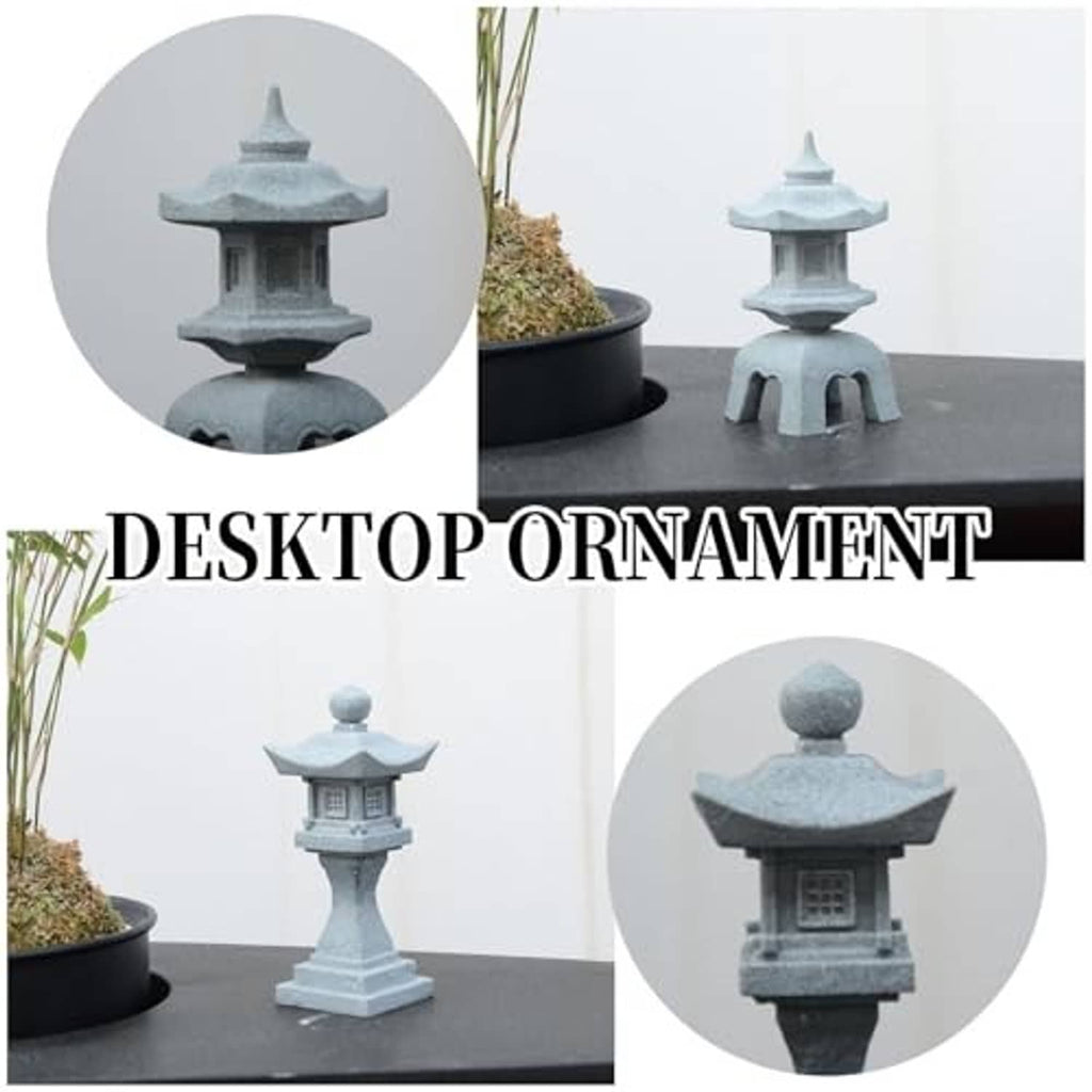 Miniature stone pagoda lantern ornament on tabletop, gray