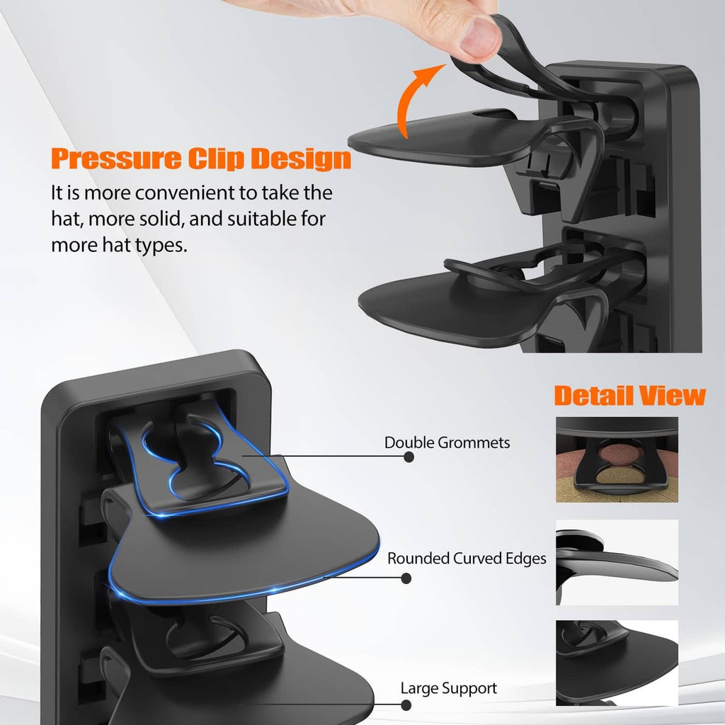Black clip-style cap holder with rounded curved edges and double grommets