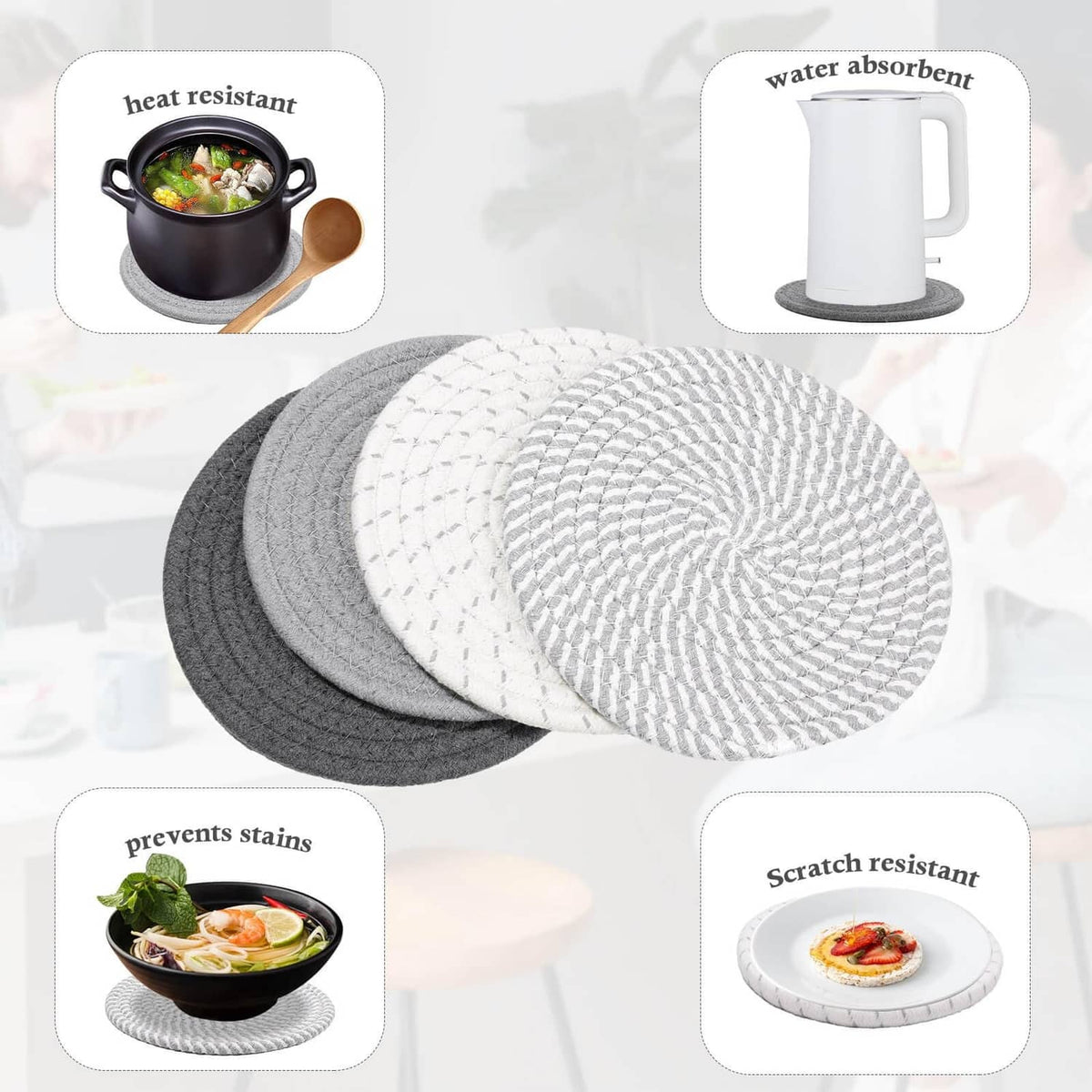 Stacked round woven dish trivet pads in light, medium, and dark gray