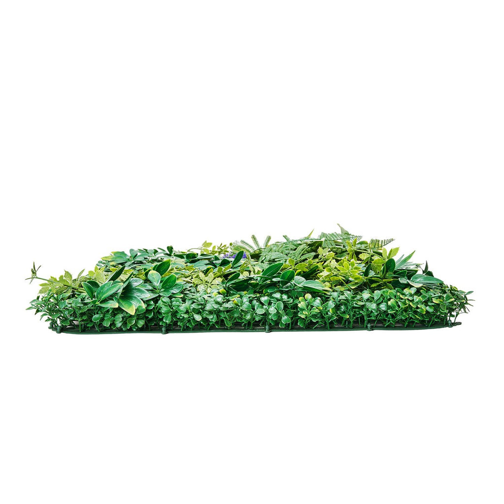 Flat 3D artificial greenery wall panel with dense layered leaves, bright green foliage