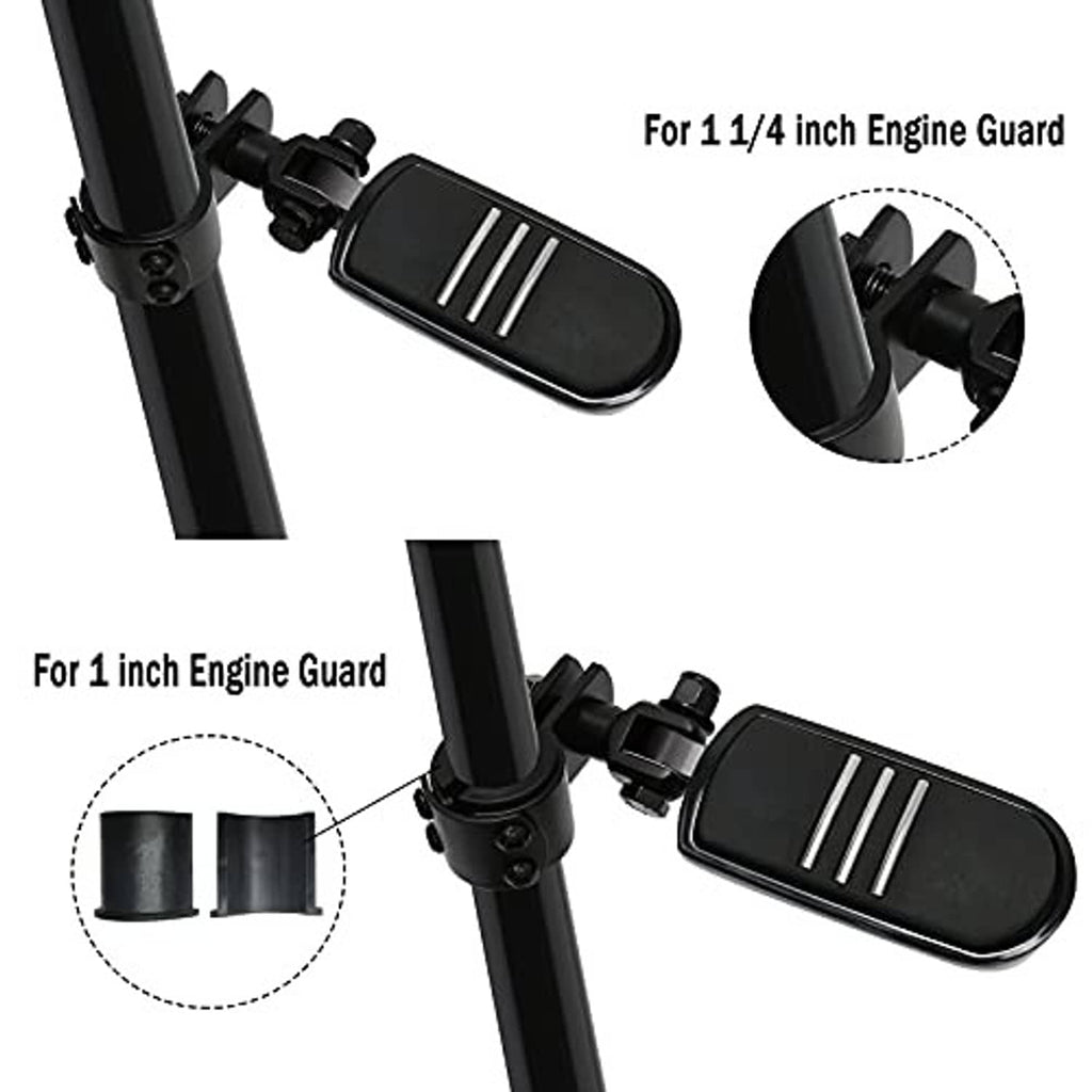 Black footpeg pad on engine guard clamp with grip grooves and mounting bolts