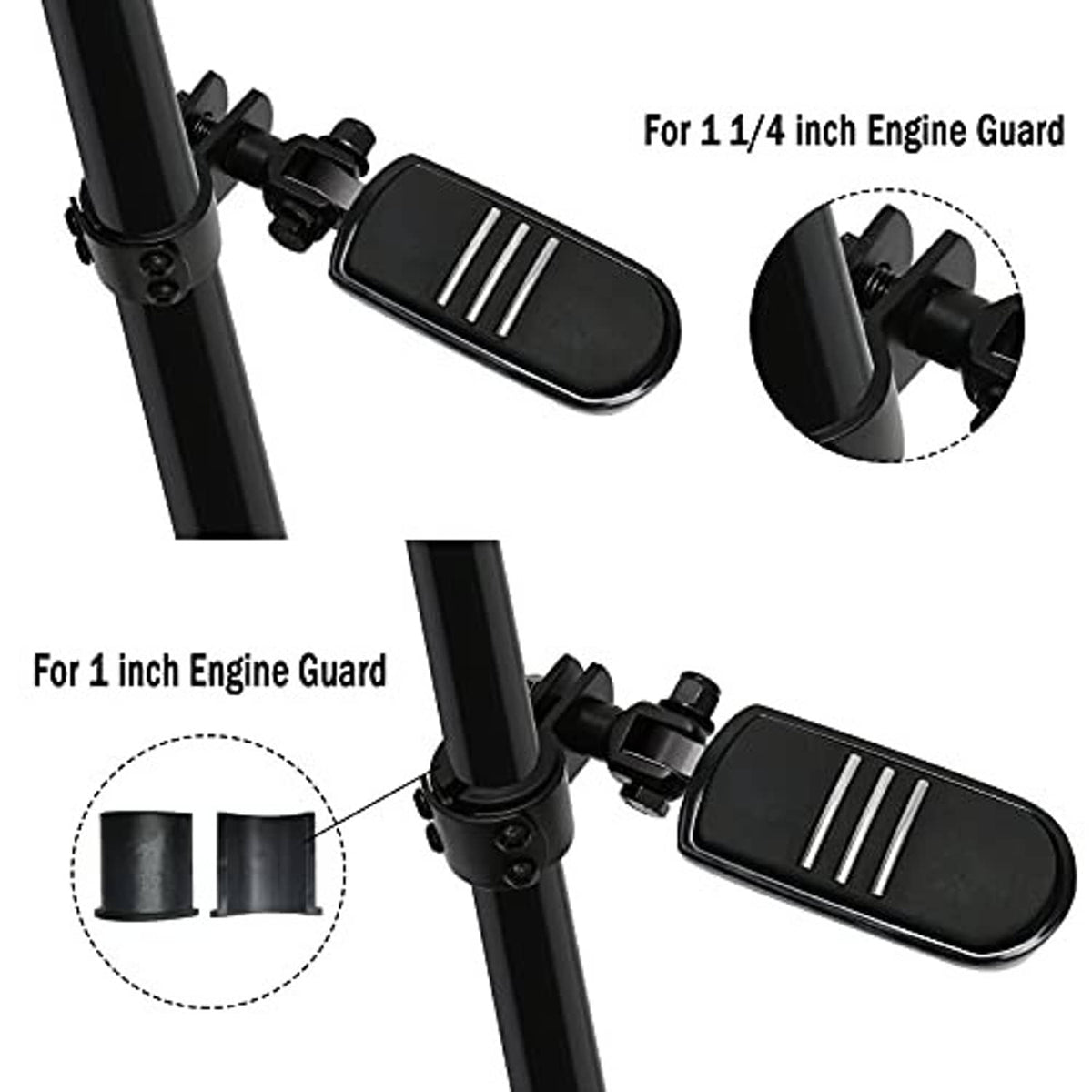 Black footpeg pad on engine guard clamp with grip grooves and mounting bolts