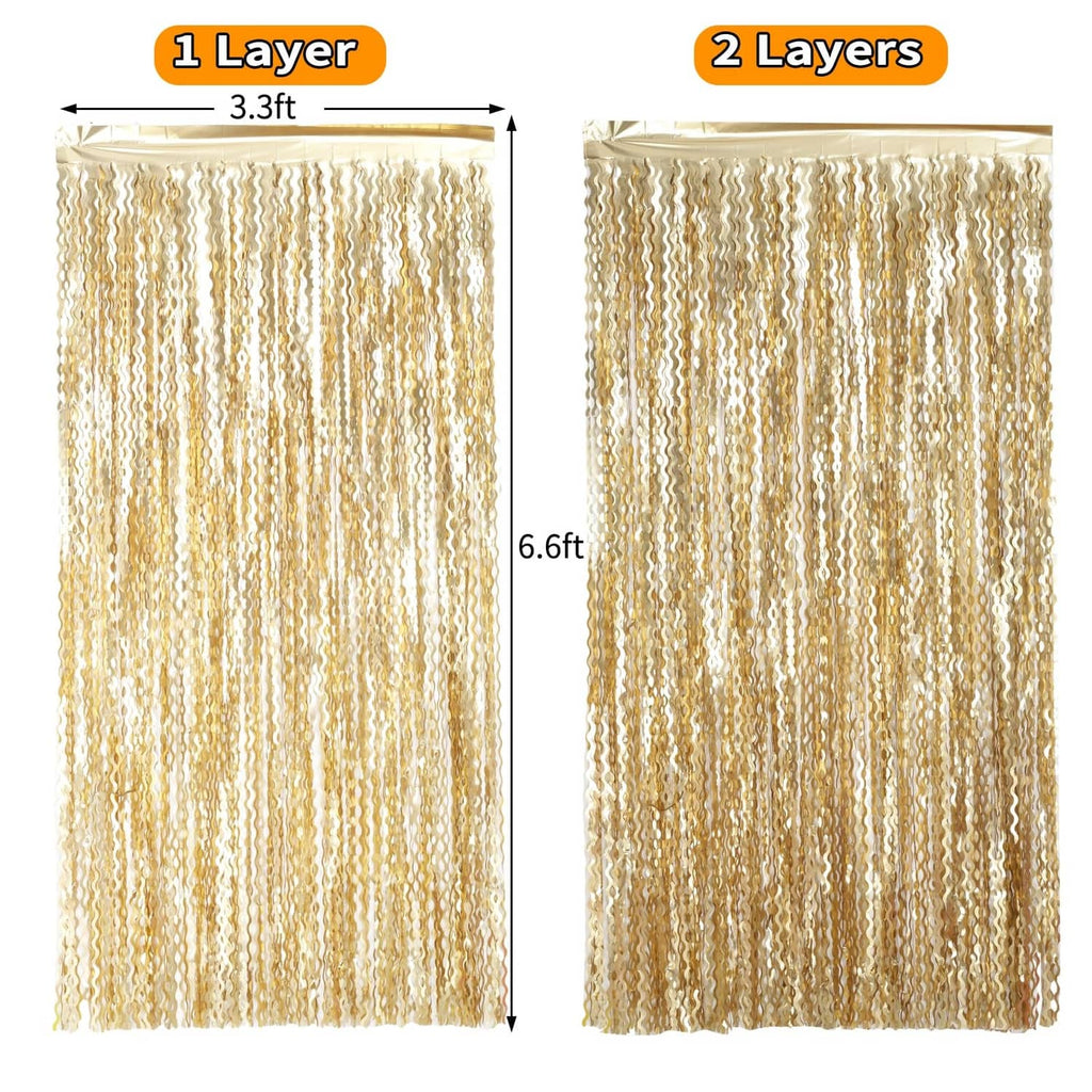Champagne gold tinsel foil curtain panels shown with size for 1 vs 2 layers