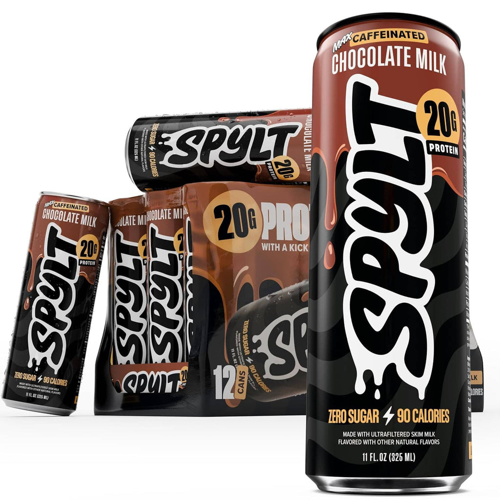 Chocolate protein milk in a tall can with SPYLT cartons in the background