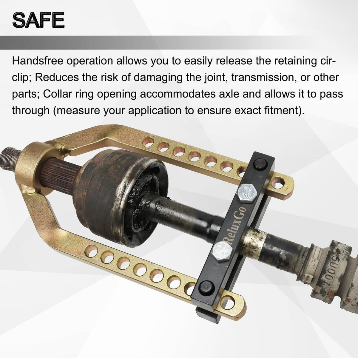 CV joint puller separator tool holding axle shaft with gold U-frame and black screw clamp