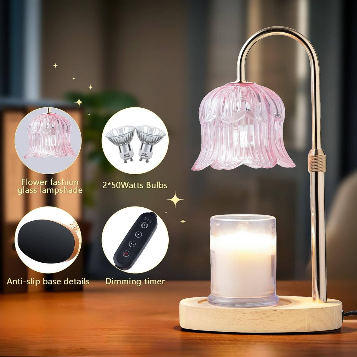 Pink glass flower candle warmer lamp with arched metal stand and dimming timer controls
