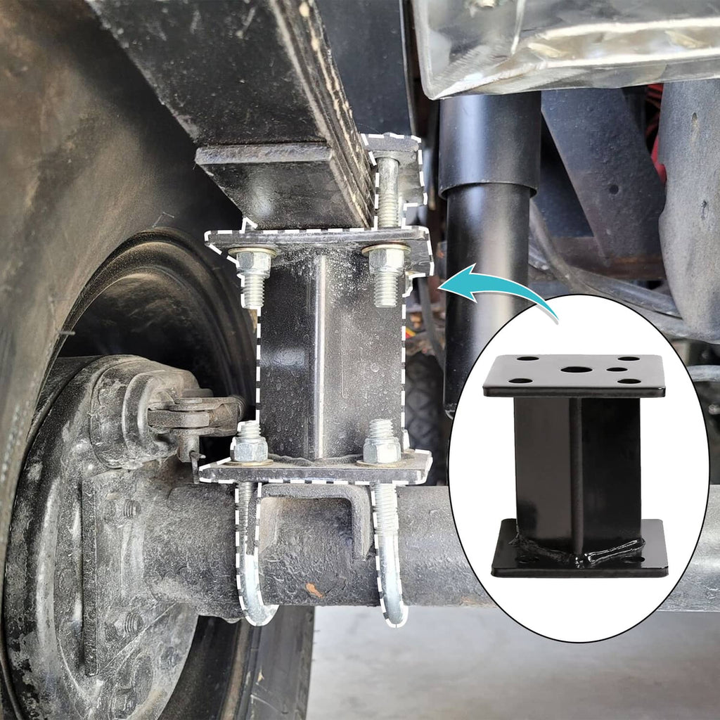 Installed black lift block bracket on golf cart suspension near wheel hub