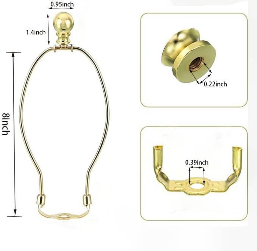 Polished brass lamp harp holder, curved U-shaped frame with mounting clips, 8 in