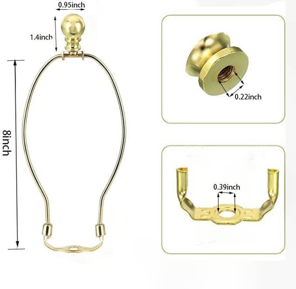 Polished brass lamp harp holder, curved U-shaped frame with mounting clips, 8 in