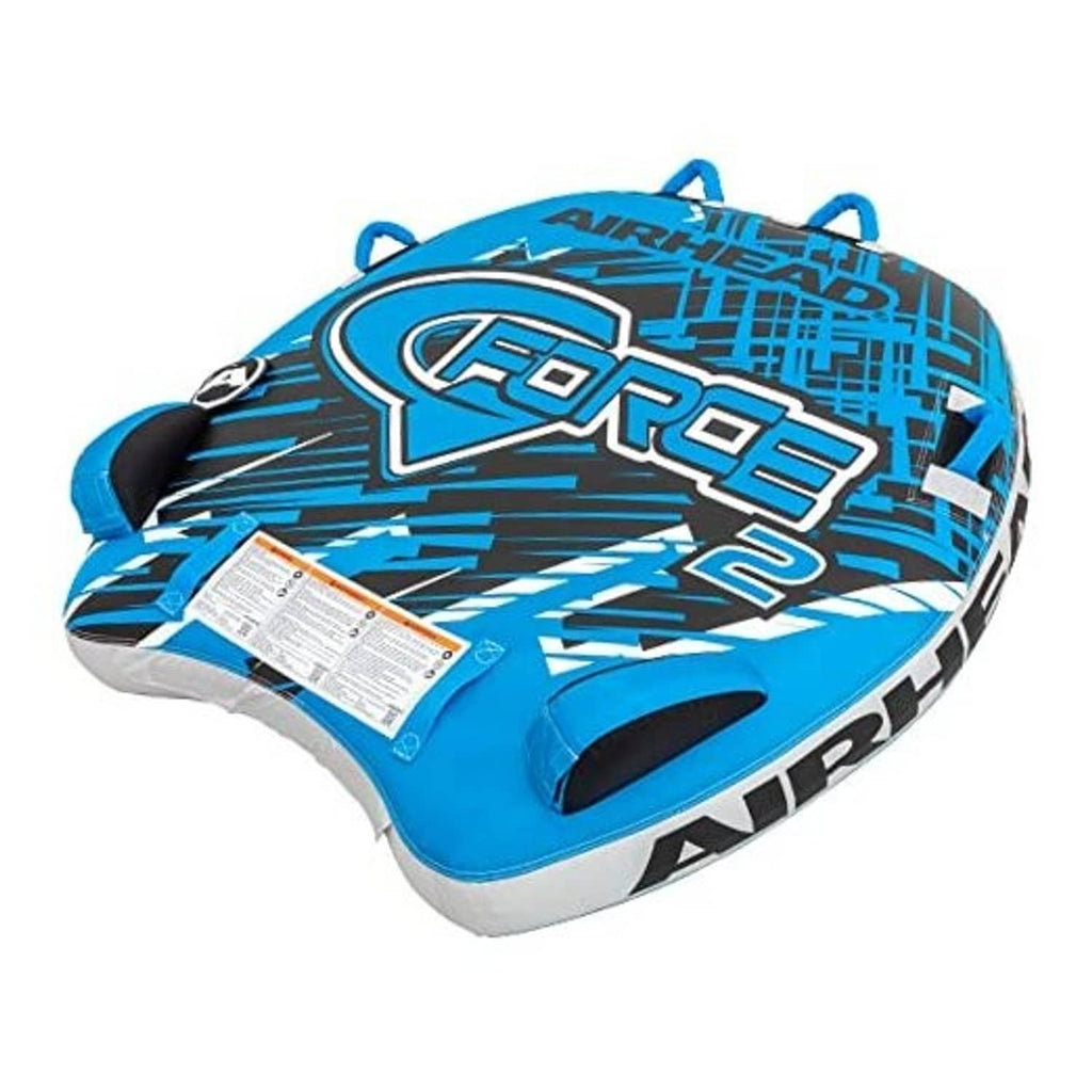 Blue and white inflatable towable tube for 2 riders with center logo and black inserts