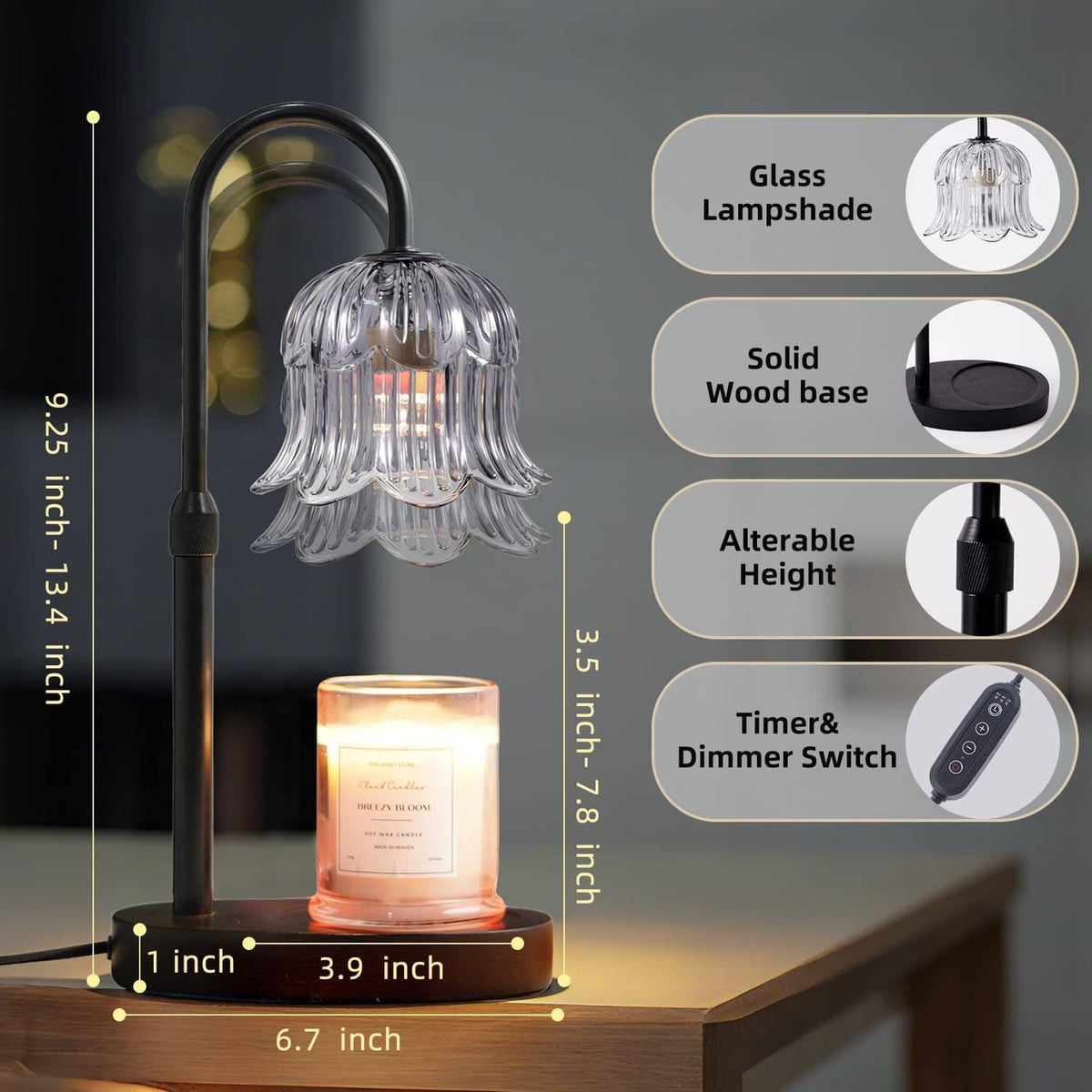 Black candle warmer lamp with glass lampshade on sturdy round base, adjustable height